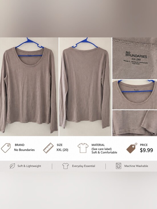 No Boundaries Tops - No Boundaries Women's Long-Sleeve Scoop Neck Top — Taupe